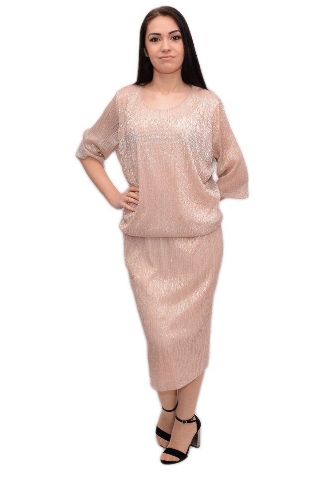 Rochie moderna cu aspect bluzat, cu decolteu mic , D&J Exclusive, pudra