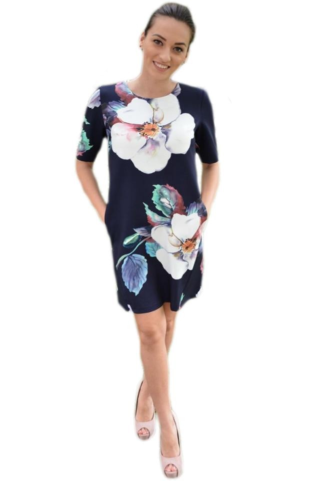 Rochie trendy cu imprimeu flori mari, D&J Exclusive, Albastru marin