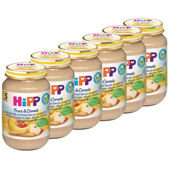 Pachet Gustare cu Fructe HIPP Fruct&Cereale, Mar, Banana si Biscuiti, 190 g, de la 5 luni, 6 buc Pachet Gustare cu Fructe HIPP Fruct&Cereale, Mar, Banana si Biscuiti, 190 g, de la 5 luni, 6 buc