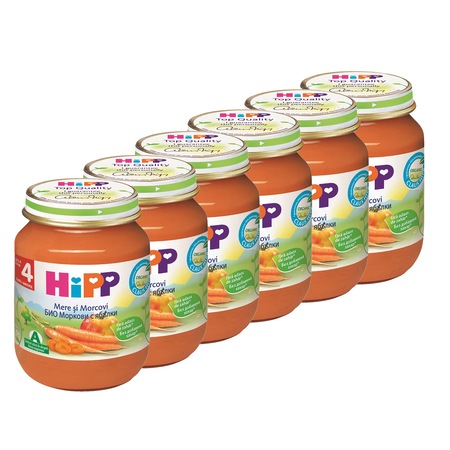 Опаковка от 6 броя плодови пюрета HIPP, Ябълки и моркови, 125 гр, Над 4 ...