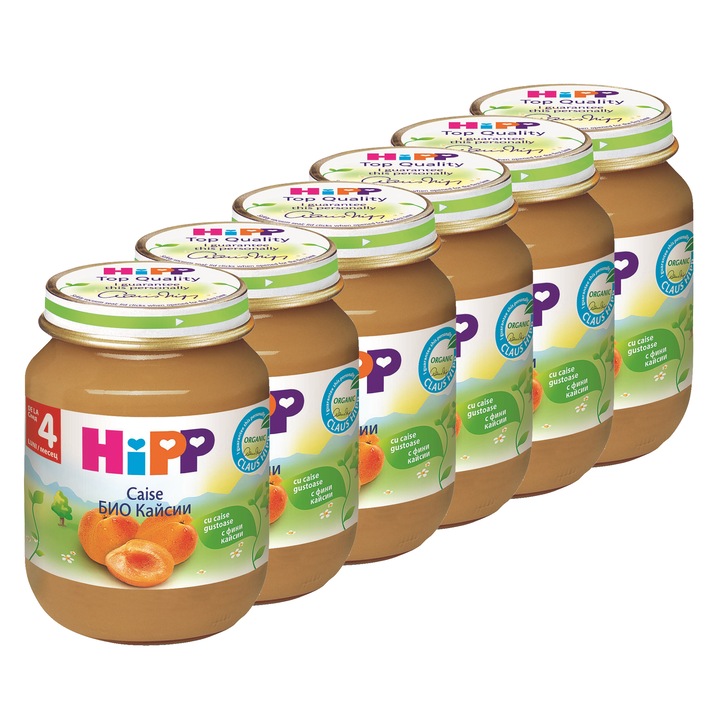 Опаковка от 6 броя плодови пюрета HIPP, Кайсии, 125 гр, Над 4 месеца