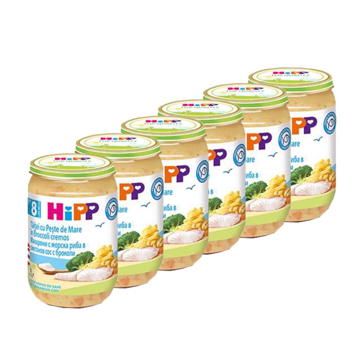 Опаковка от 6 броя пюрета HIPP Макарони с морска риба в сметанов сос и броколи, 220 гр, от 8 месец