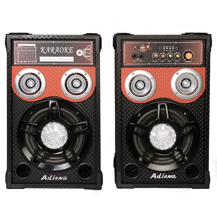 Професионални активни колони Ailiang, USB/SD/FM радио, AUX, черни, два жака за микрофон 6,3 мм.