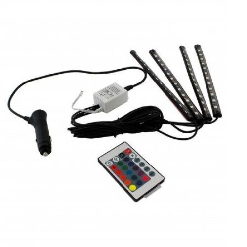Kit 4 benzi LED interior auto RGB 5050 multicolore cu telecomanda, impermeabile cu alimentare la bricheta12V