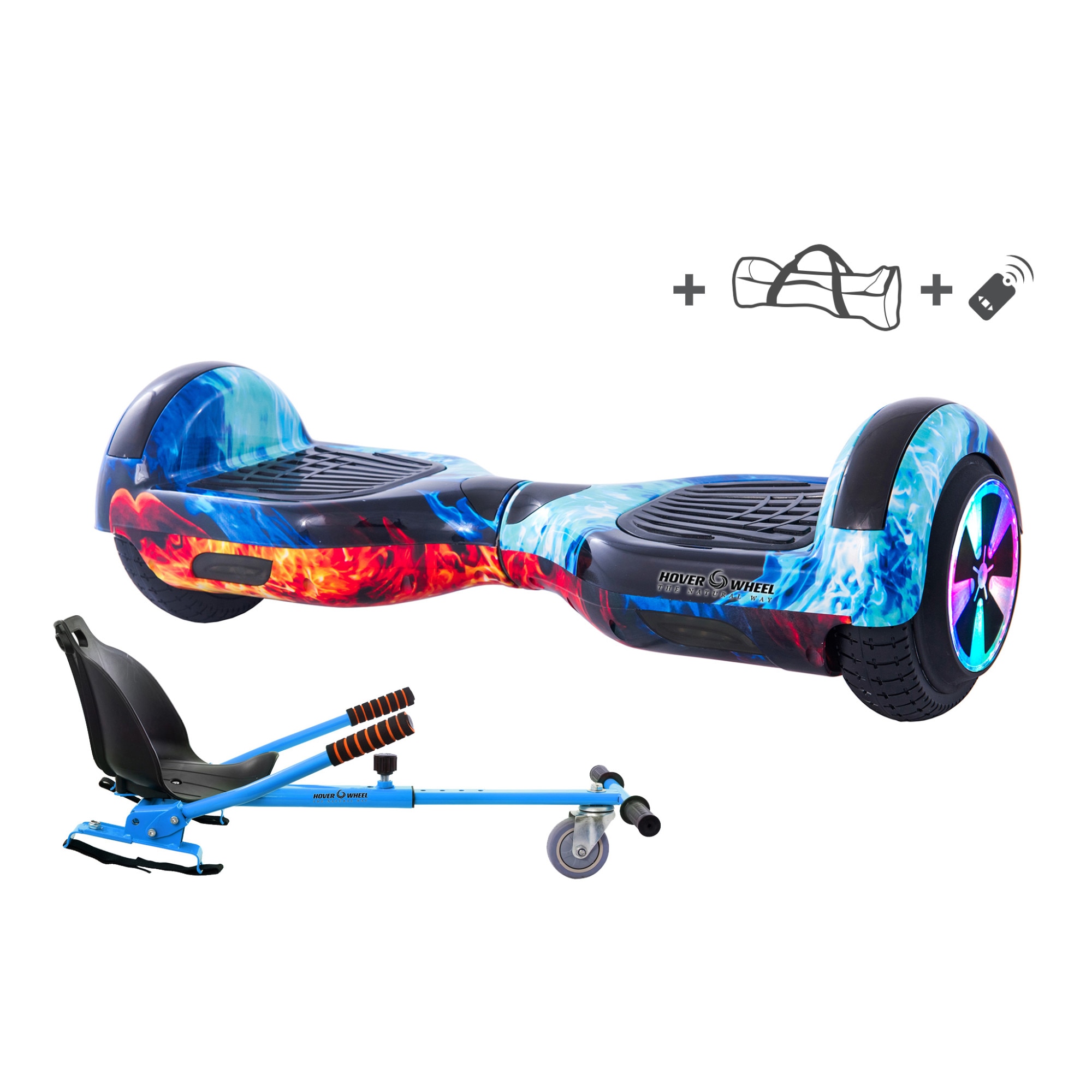 Pachet COMBO HoverKart (Hoverseat,Scaun)+Hoverboard Original HoverWheel Romania grafity special-blu ,Scuter electric , roti 6.5 inch, geanta cadou , telecomanda ,lumini led pe aripi si pe roti ,boxa muzica incorporata,motoare 700W, baterie de calitate