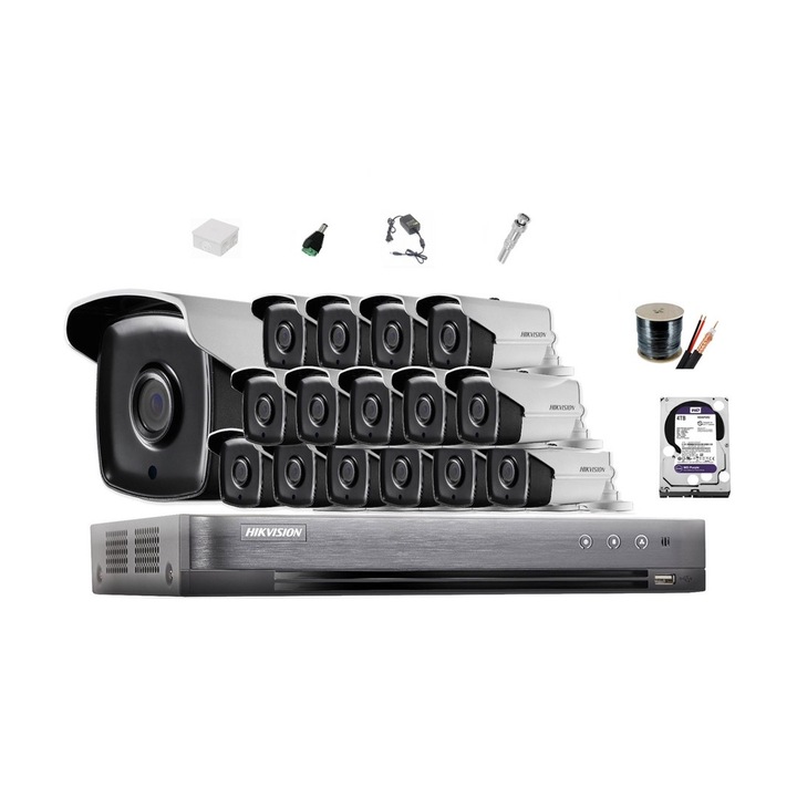 Kit complet 16 camere supraveghere exterior 5MP TURBO HD HIKVISION 40 m IR, accesorii +hard 4TB WD Purple