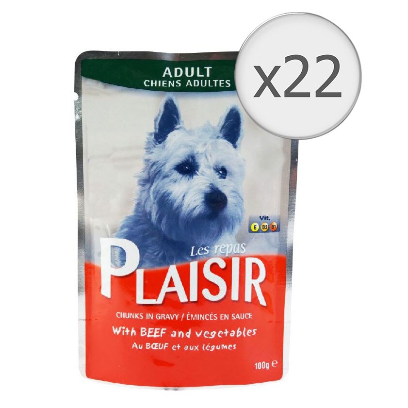 Hrana umeda pentru caini Plaisir, Vita si Legume, 22x100g