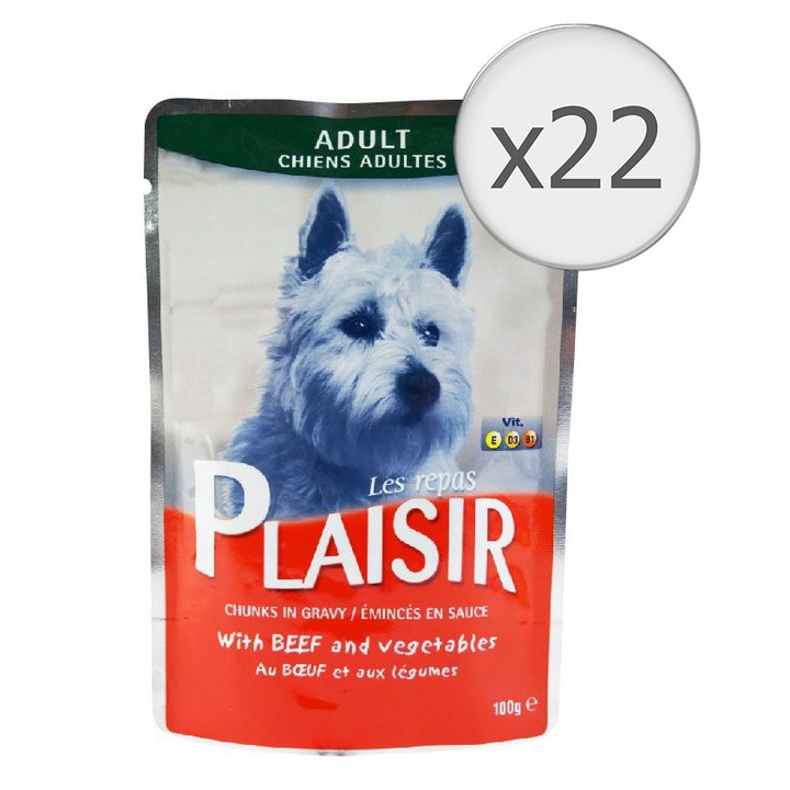 Мокра храна за кучета Plaisir, Говеждо и Зеленчуци, 22 x 100 гр