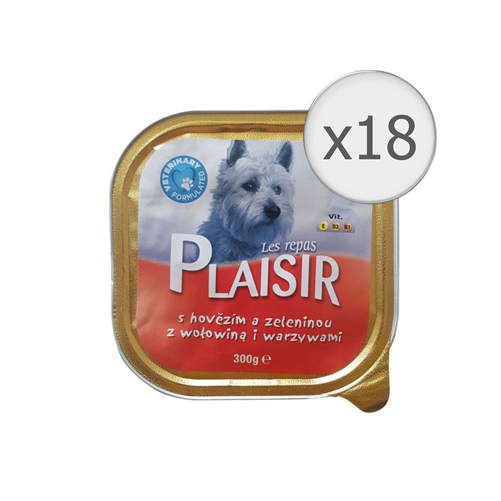 Мокра храна за кучета Plaisir, Телешки пастет, 18 x 300 гр