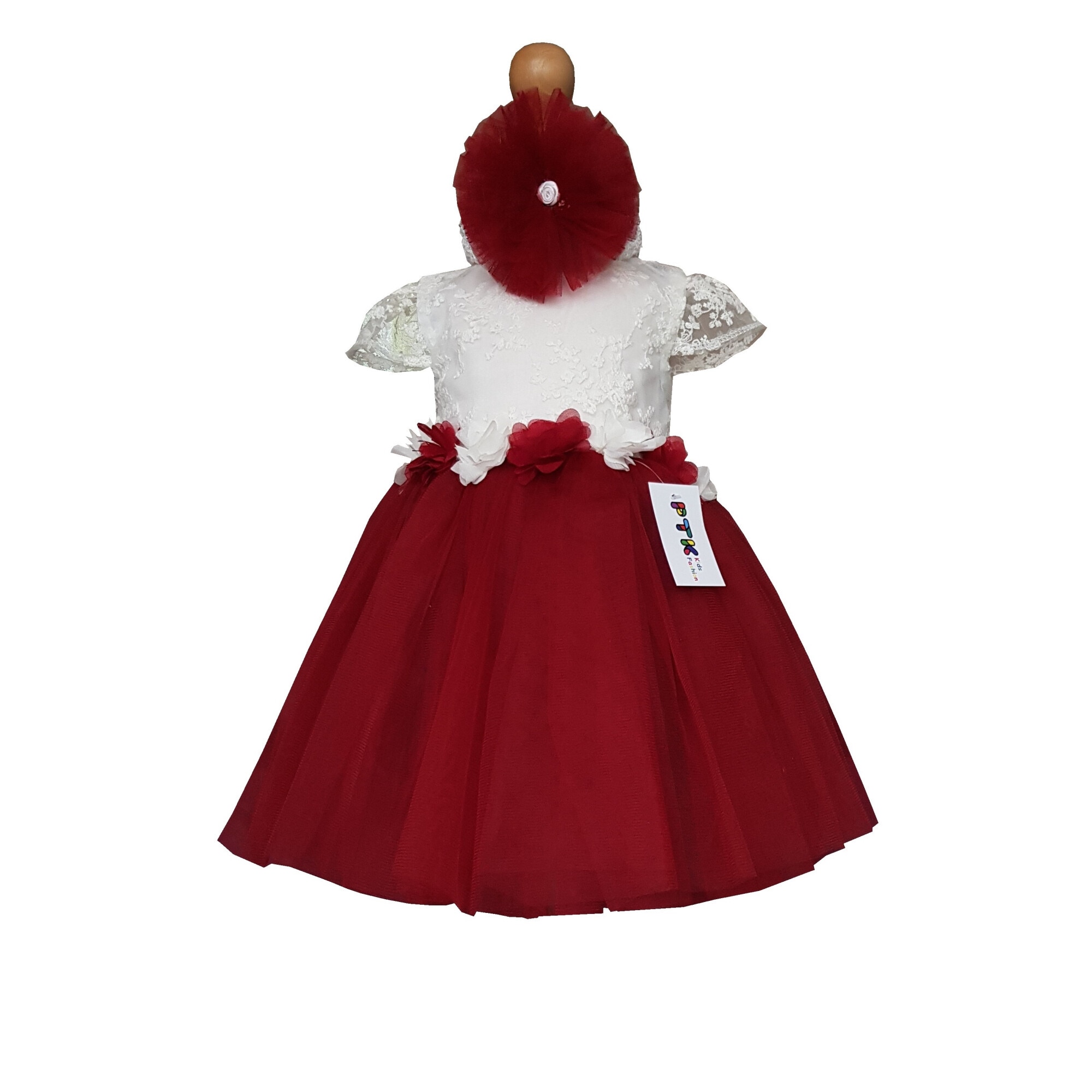 Rochie botez Bordeaux / Alb cu bentita si fundita detasabila PTK
