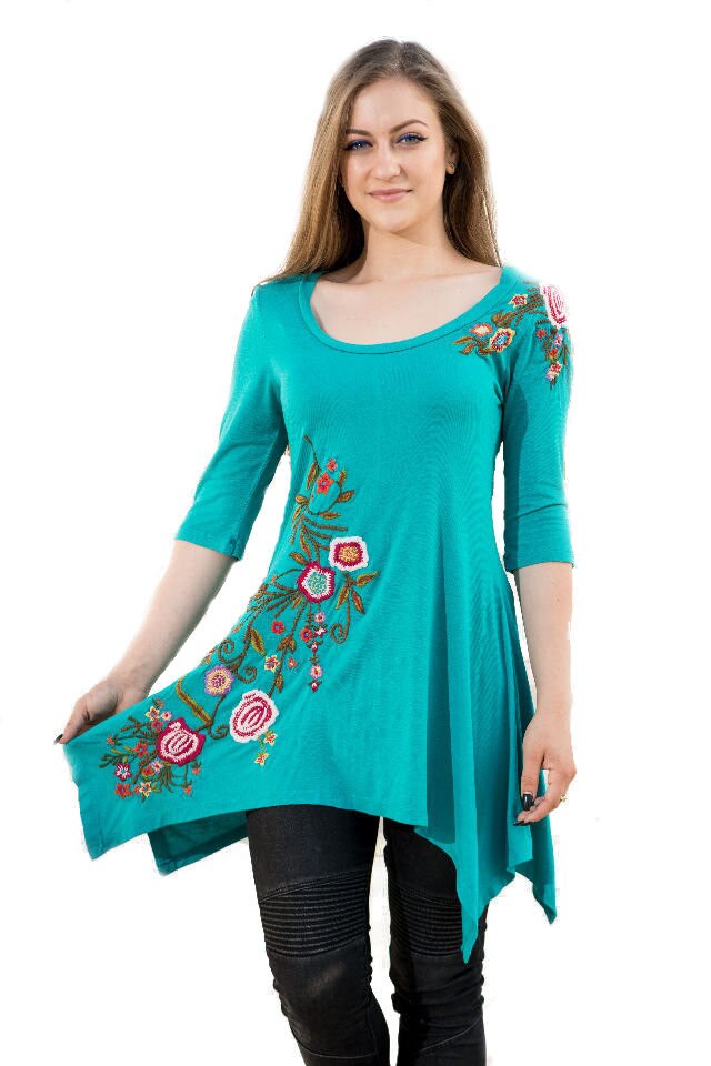 Bluza turcoaz brodat floral, Cara, marime S