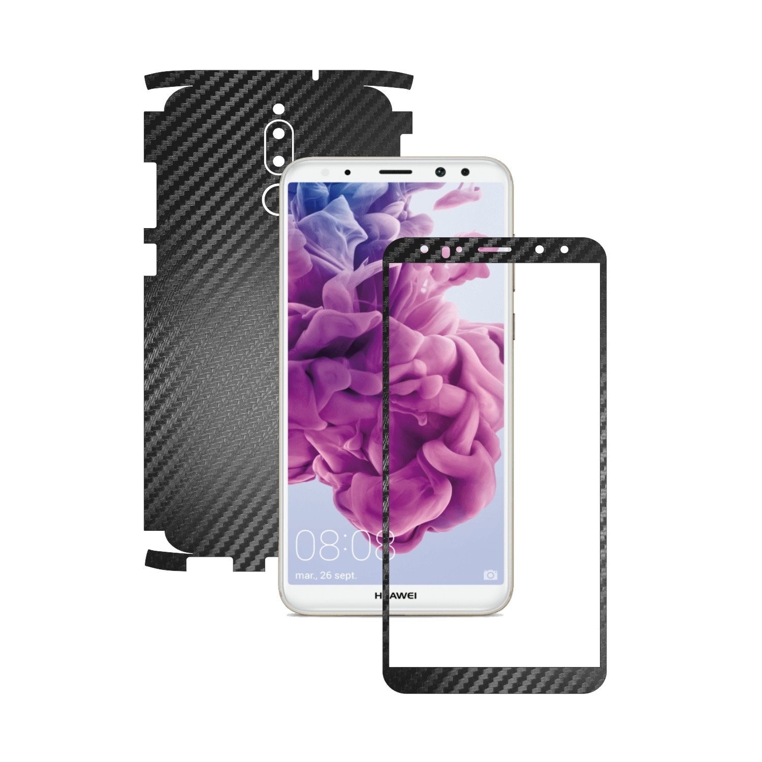 1 + 1 GRATUIT - Huawei Mate 10 Lite - Carbon Negru - Folie de protectie Carbon Skinz, Husa Full Body Cover de tip Skin Adeziv pentru Rama Ecran,Carcasa Spate si Laterale