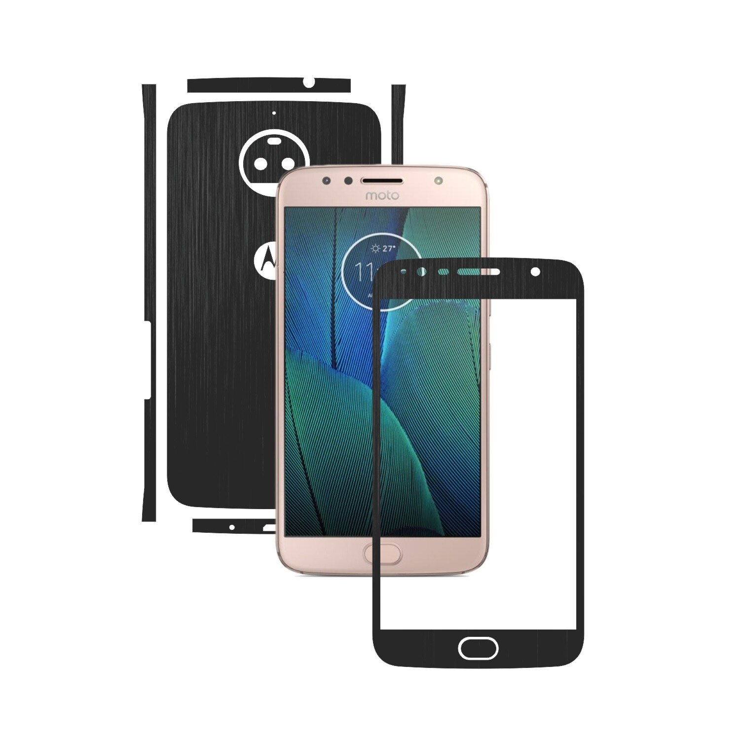 1 + 1 GRATUIT - Motorola Moto G5S Plus - Brushed Negru - Folie de protectie Carbon Skinz, Husa Full Body Cover de tip Skin Adeziv pentru Rama Ecran,Carcasa Spate si Laterale