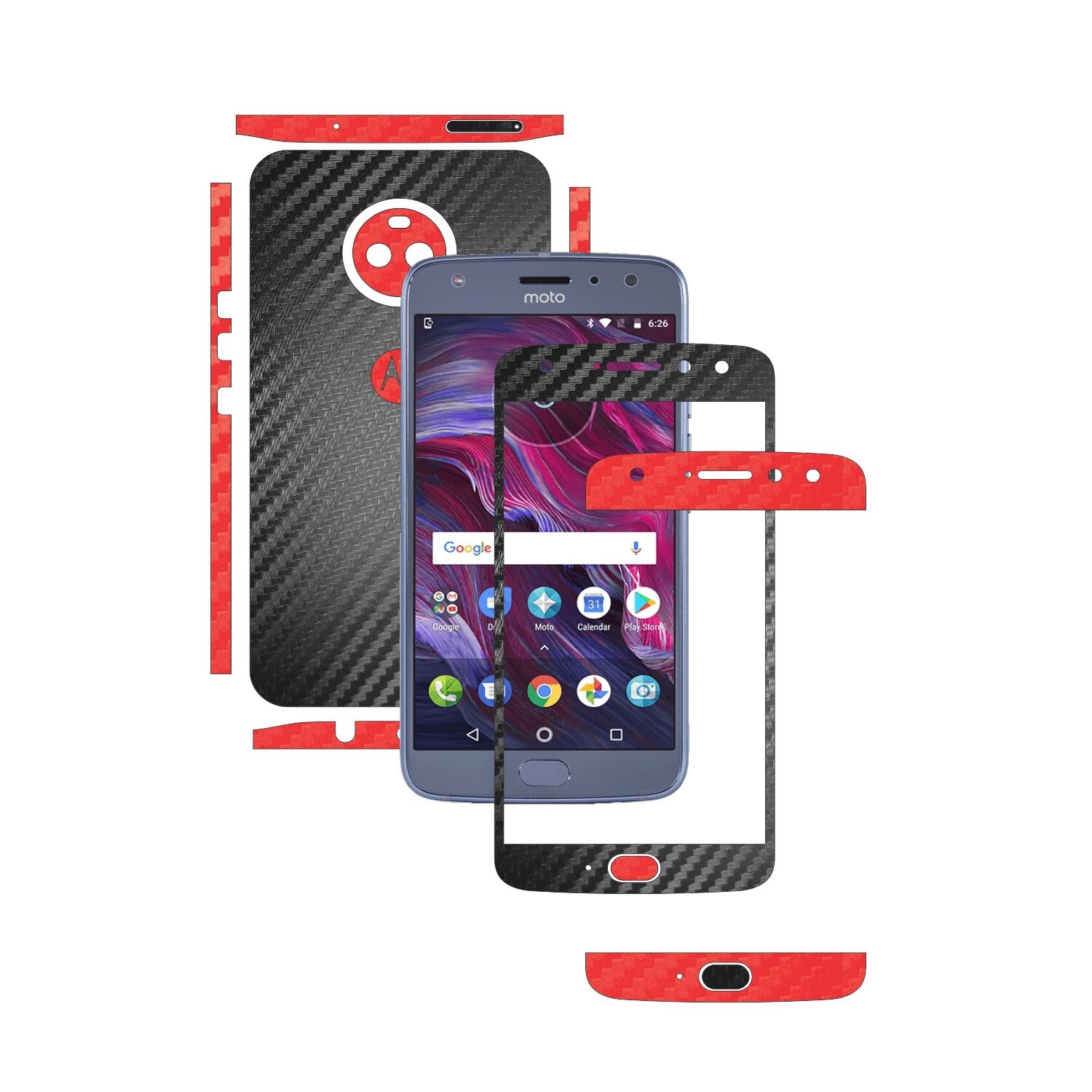 Folie de protectie Full Body Carbon Skinz, Acoperire Totala, Two Tone Negru / Rosu dedicata Motorola Moto X4