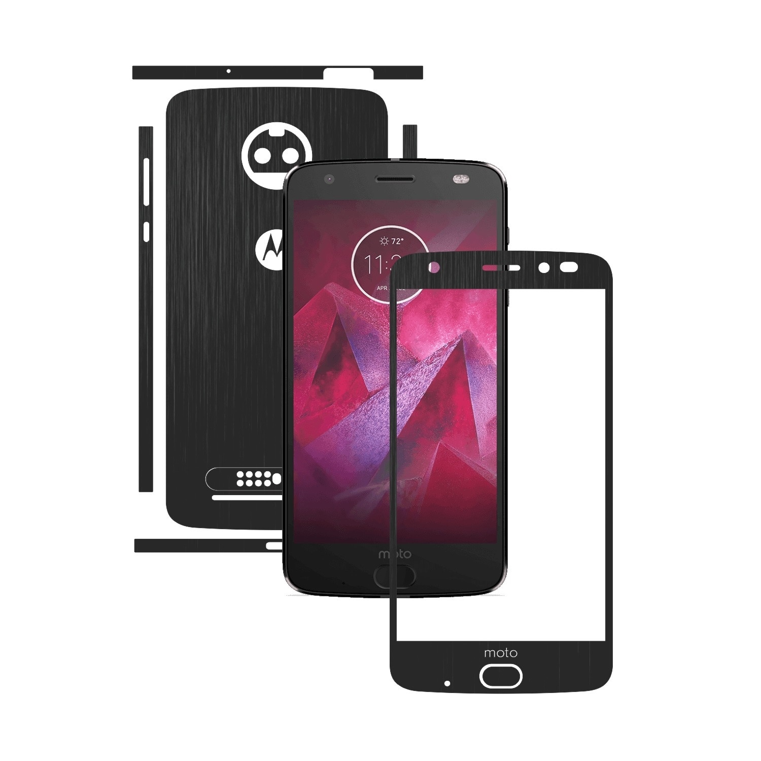 1 + 1 GRATUIT - Motorola Moto Z2 Force - Brushed Negru - Folie de protectie Carbon Skinz, Husa Full Body Cover de tip Skin Adeziv pentru Rama Ecran,Carcasa Spate si Laterale