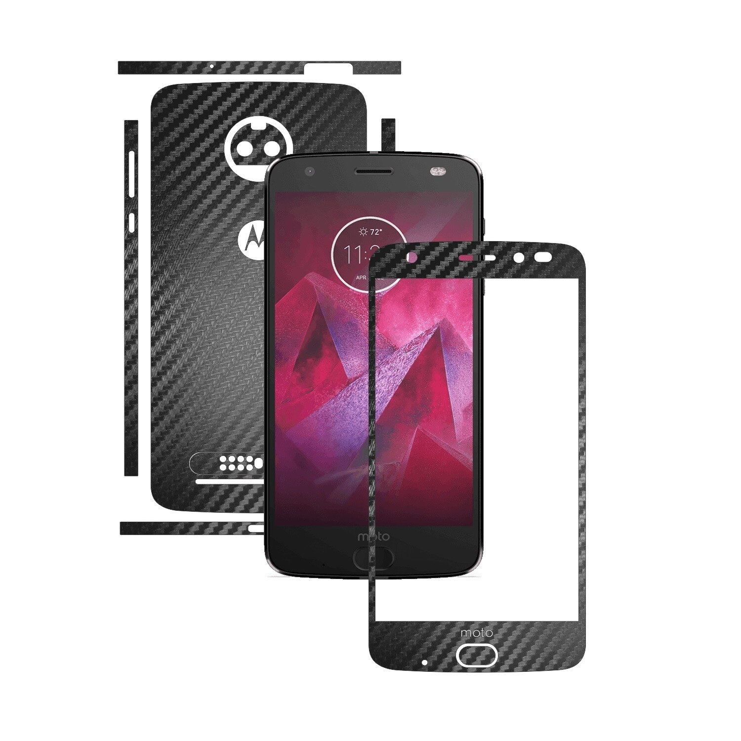 1 + 1 GRATUIT - Motorola Moto Z2 Force - Carbon Negru - Folie de protectie Carbon Skinz, Husa Full Body Cover de tip Skin Adeziv pentru Rama Ecran,Carcasa Spate si Laterale