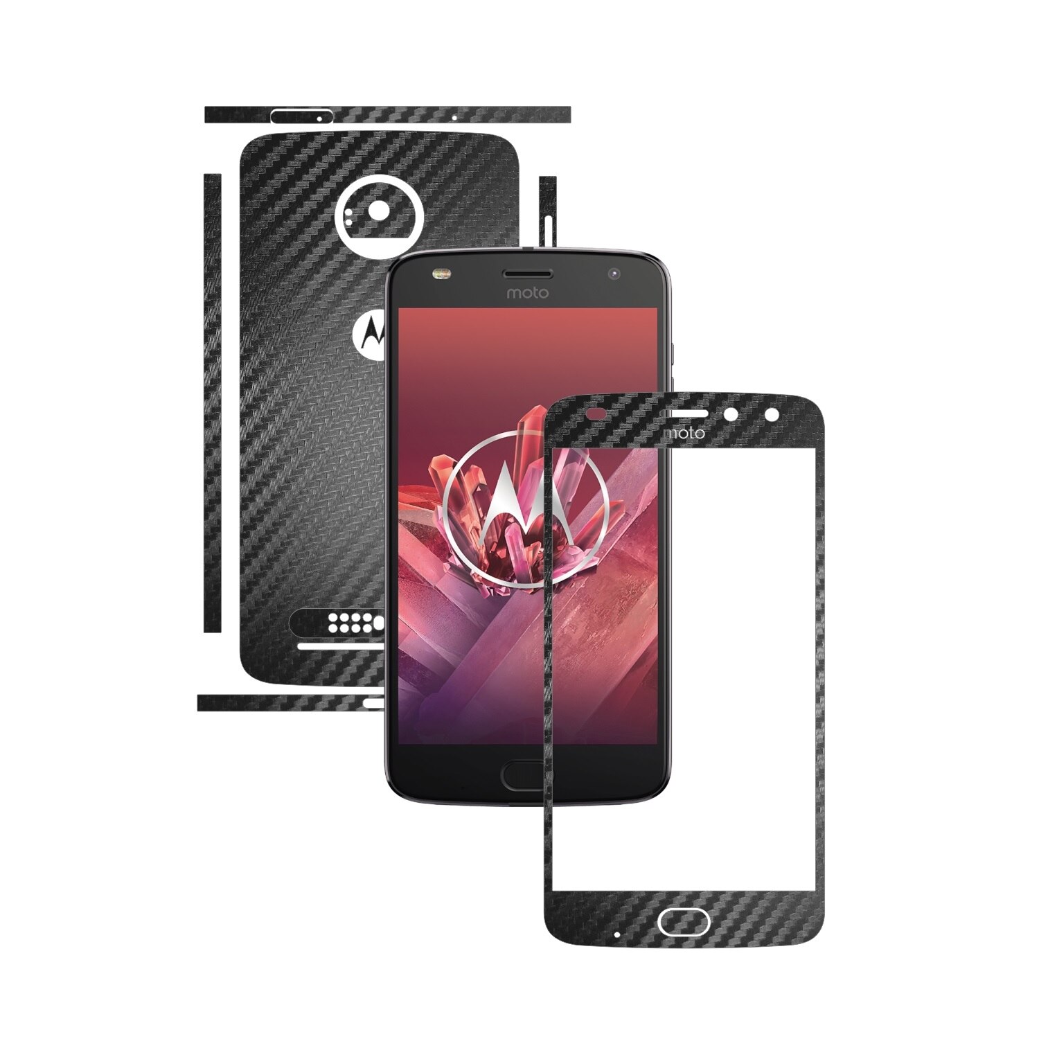 1 + 1 GRATUIT - Motorola Moto Z2 Play - Carbon Negru - Folie de protectie Carbon Skinz, Husa Full Body Cover de tip Skin Adeziv pentru Rama Ecran,Carcasa Spate si Laterale