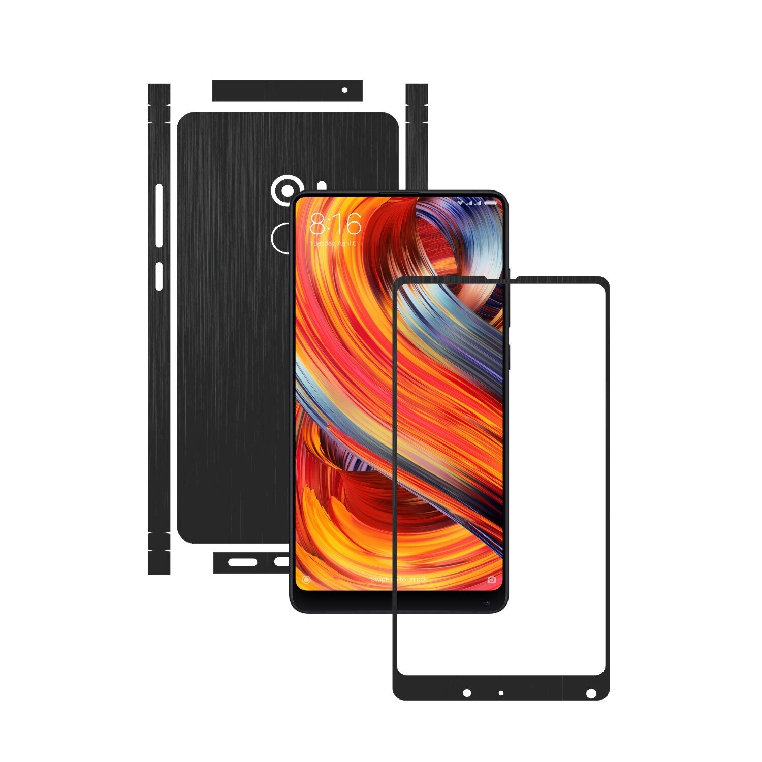 1 + 1 GRATUIT - Xiaomi Mi Mix 2 - Brushed Negru - Folie de protectie Carbon Skinz, Husa Full Body Cover de tip Skin Adeziv pentru Rama Ecran,Carcasa Spate si Laterale