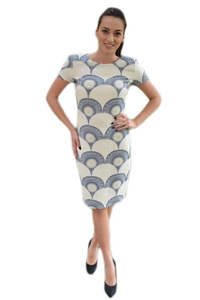 Rochie rafinata de zi cu imprimeu in tesatura, D&J Exclusive, Bleumarin/Bej