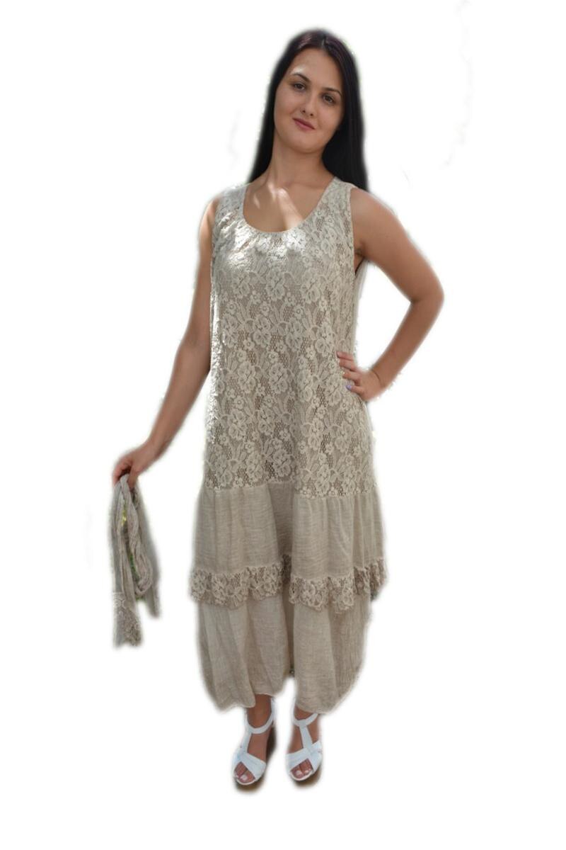 Rochie din bumbac cu insertii de dantela, D&J Exclusive, Bej
