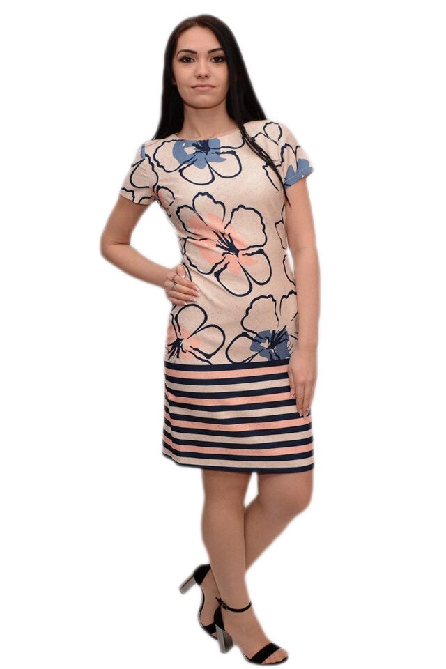 Rochie scurta de vara cu flori mari si design de dungi la baza , D&J Exclusive, Multicolor