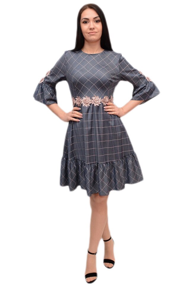 Rochie cu design de carouri si aplicatii florale , D&J Exclusive, Albastru marin