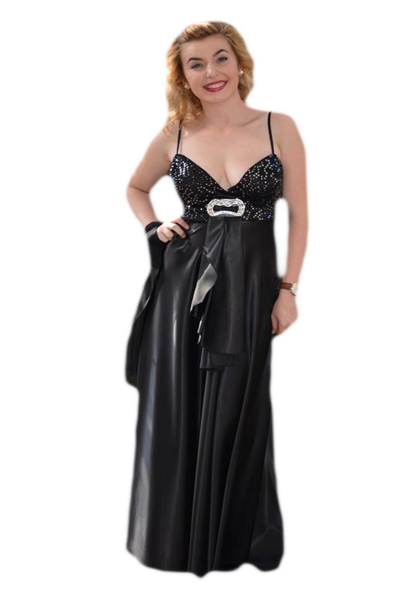 Rochie de gala, din saten, cu insertii de paiete, D&J Exclusive, Negru