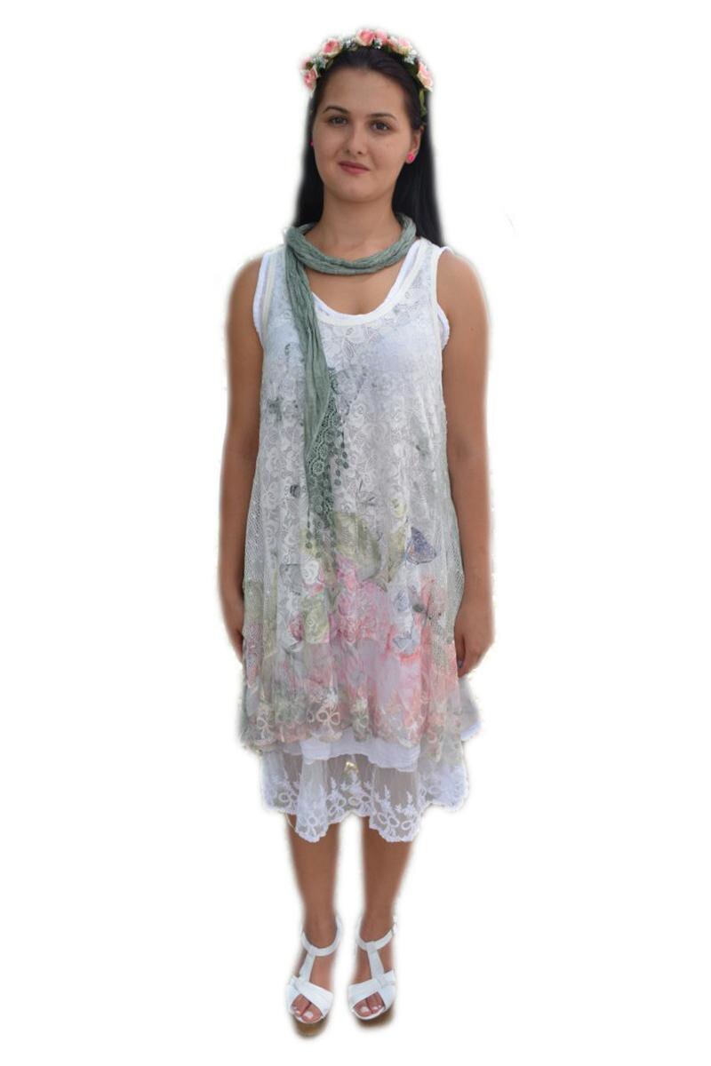 Rochie vaporoasa cu dantela si broderie, model colorat, D&J Exclusive, Alb