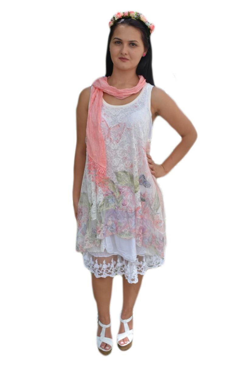 Rochie fashion cu aspect asimetric si insertii de dantela, D&J Exclusive, Alb, Alb