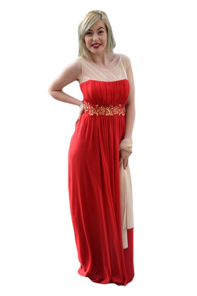 Rochie lunga, eleganta, din voal cu broderie, D&J Exclusive, Rosu