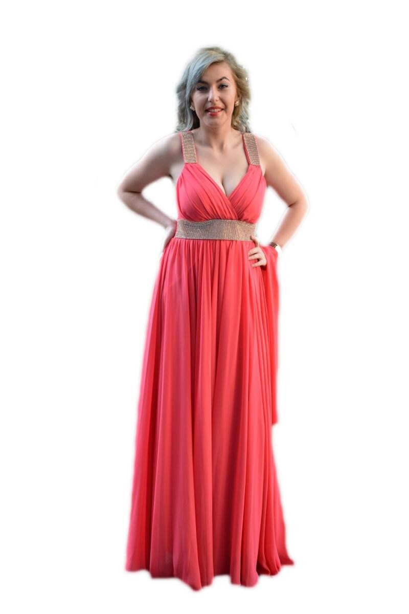 Rochie de gala, voal cu strasuri si model fronsat, D&J Exclusive, Corai