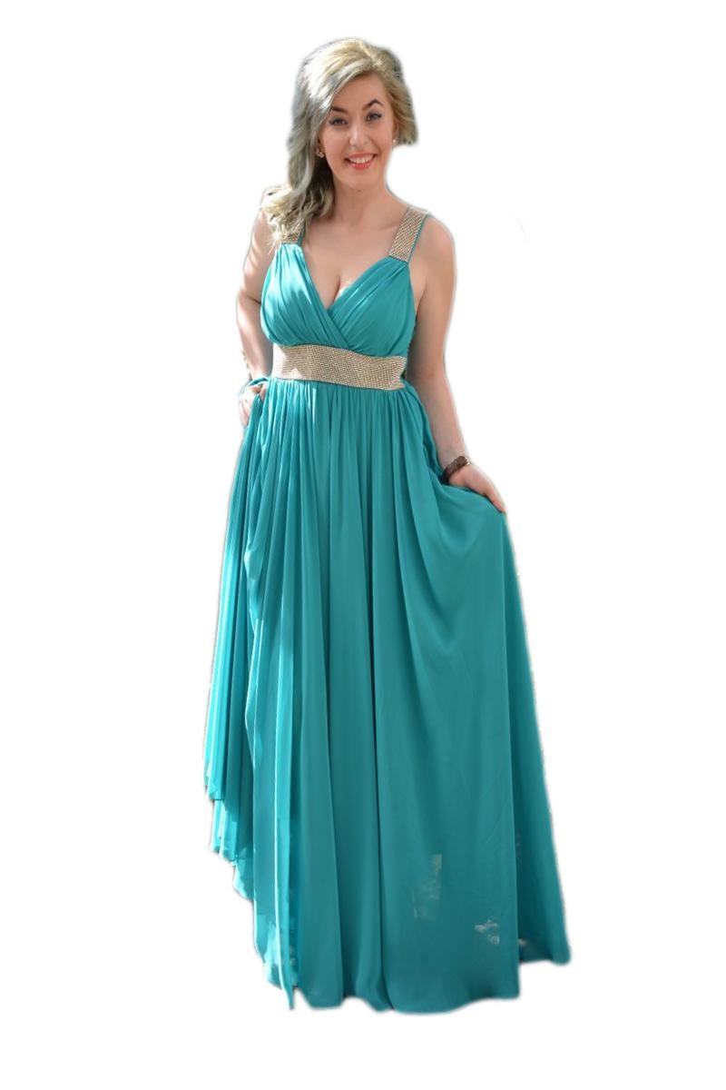 Rochie de gala, voal cu strasuri si model fronsat, D&J Exclusive, Turcoaz