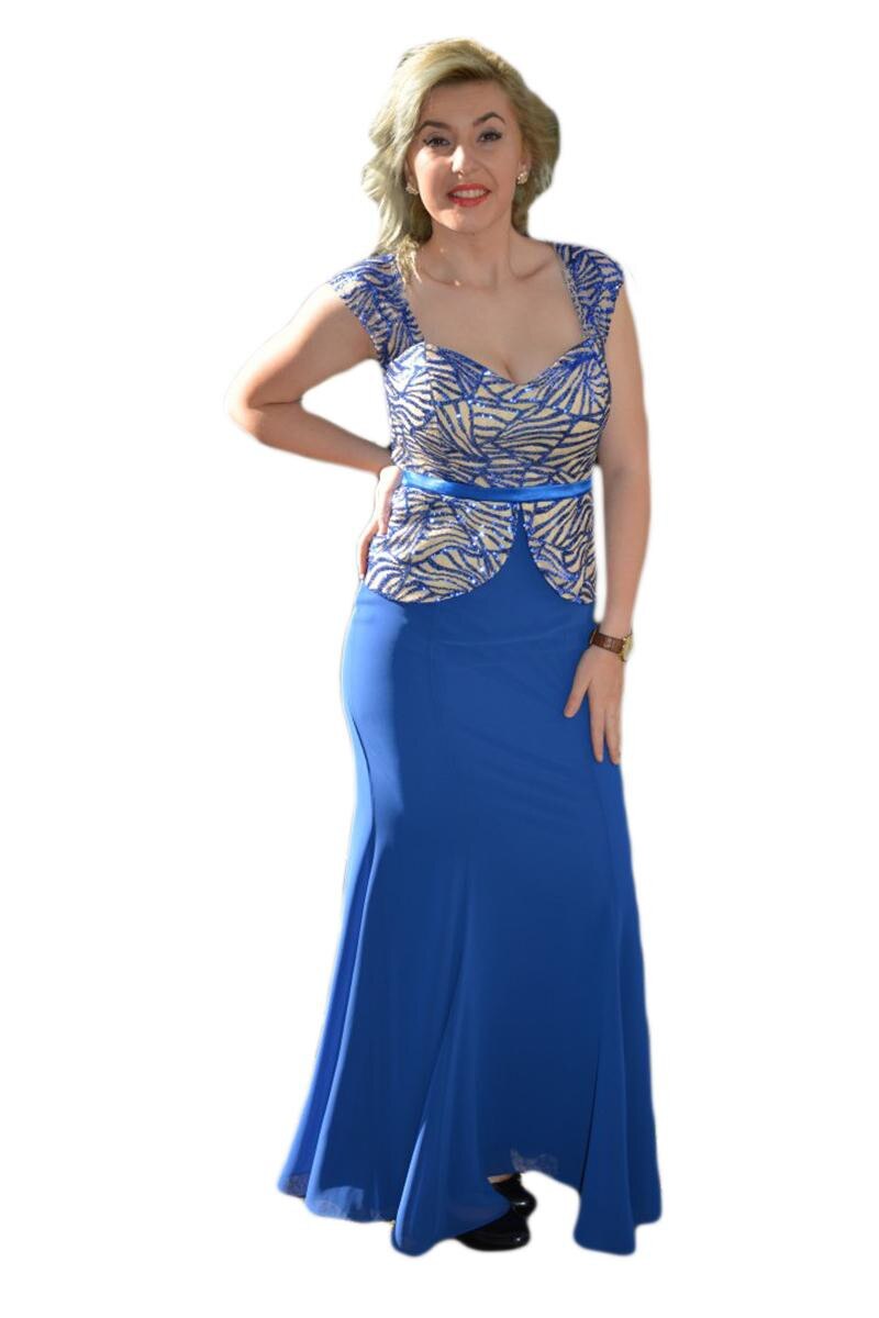 Rochie lunga, cu dantela si insertie de paiete, D&J Exclusive, Albastru