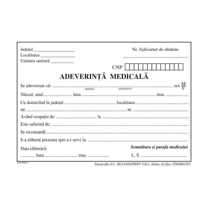 Adeverinte medicale A6, hartie offset 60 gr, 1 ex., 100 file