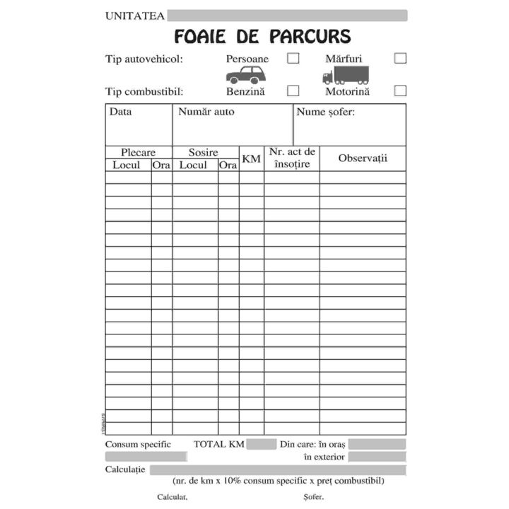 Foi parcurs marfa/persoane, A5, hartie offset 60 gr/mp, 1 ex, 100 file