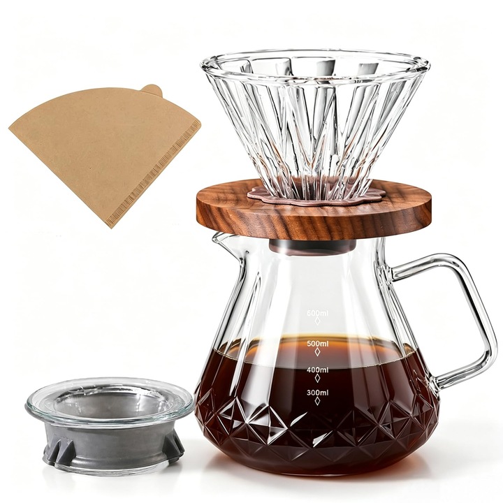 Cafetiera pour-over Corenia QRE-5065852, carafa din borosilicat 600 ml cu filtru V din sticla, baza nuc negru, include 100 filtre V, transparent/maro