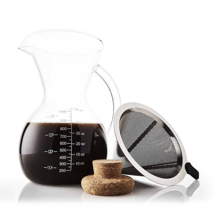 Cafetiera pour over Corenia QRE-5066278, carafa din borosilicat cu filtru permanent din otel inoxidabil si dop de pluta, transparent, 1000 ml