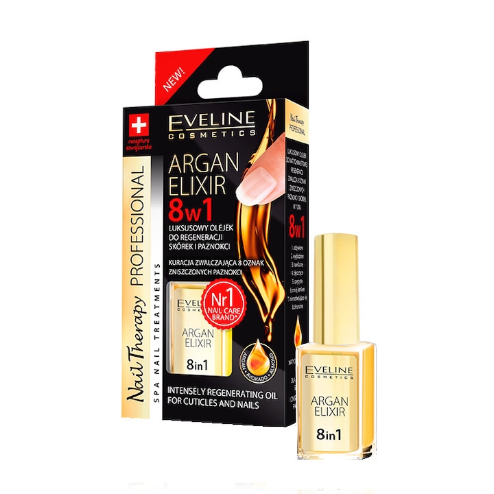 Ulei pentru unghii si cuticule, Eveline Cosmetics, elixir 8 in 1 cu ulei de argan,12 ml
