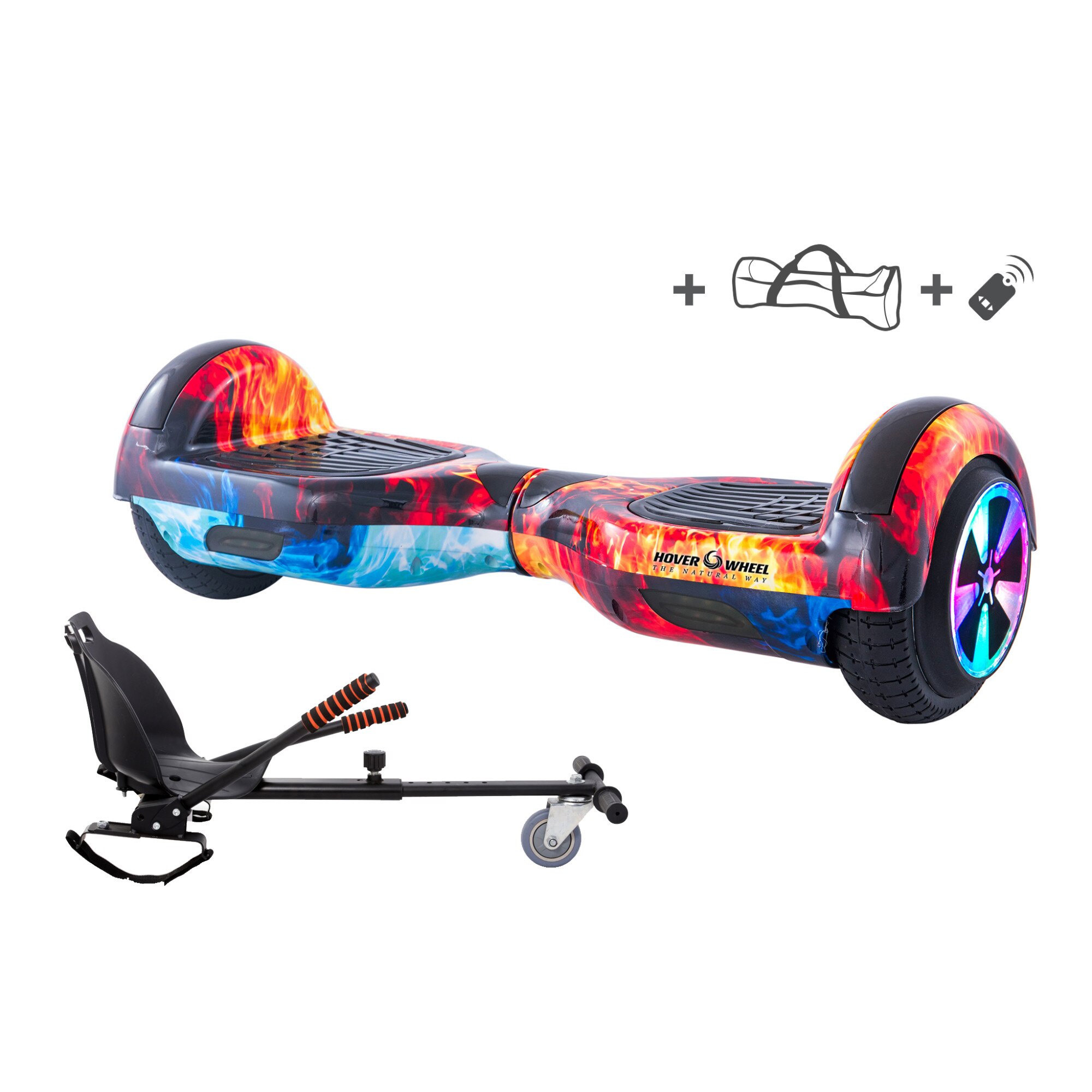 Pachet COMBO HoverKart (Hoverseat,Scaun)+Hoverboard Original HoverWheel Romania flame sky ,Scuter electric , roti 6.5 inch, geanta cadou , telecomanda ,lumini led pe aripi , frontale si pe roti ,boxa muzica incorporata,motoare 700W, baterie de calitate