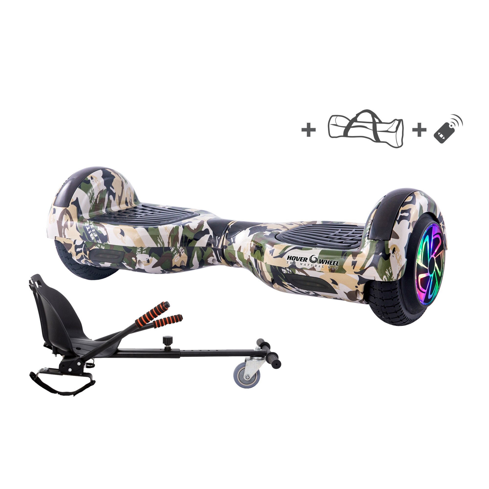 Pachet COMBO HoverKart (Hoverseat,Scaun)+Hoverboard Original HoverWheel Romania verde militar ,Scuter electric , roti 6.5 inch, geanta cadou , telecomanda ,lumini led pe aripi si pe roti ,boxa muzica incorporata,motoare 700W, baterie de calitate