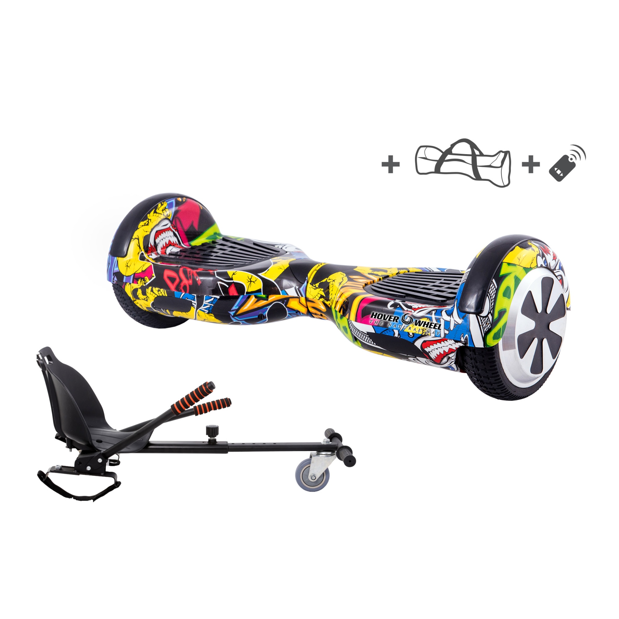 Pachet COMBO HoverKart (Hoverseat,Scaun)+Hoverboard Original HoverWheel Romania grafity ,Scuter electric , roti 6.5 inch, geanta cadou , telecomanda ,lumini led pe aripi si pe roti ,boxa muzica incorporata,motoare 700W, baterie de calitate