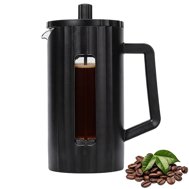 Presa franceza Corenia QRE-5065853, sticla borosilicat, filtru inox 304, izolatie dubla, fara BPA, negru, 1 L