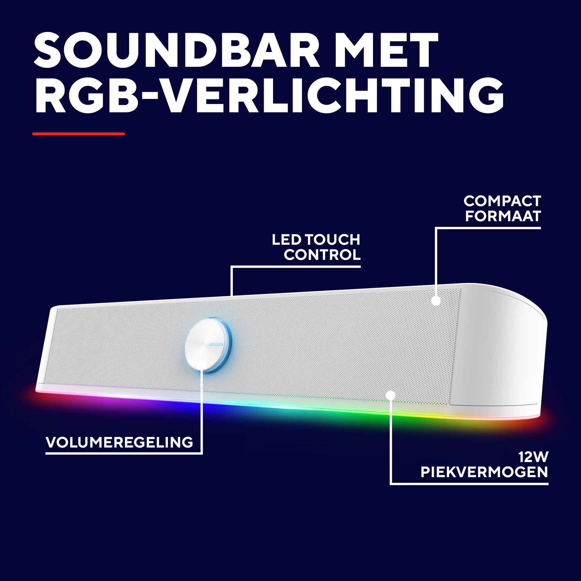 Soundbar Corenia QRE-5083088 cu iluminare RGB, 12 W (6 W RMS), 2 difuzoare, intrare 3,5 mm, alimentare USB, alb, 400 x 70 mm