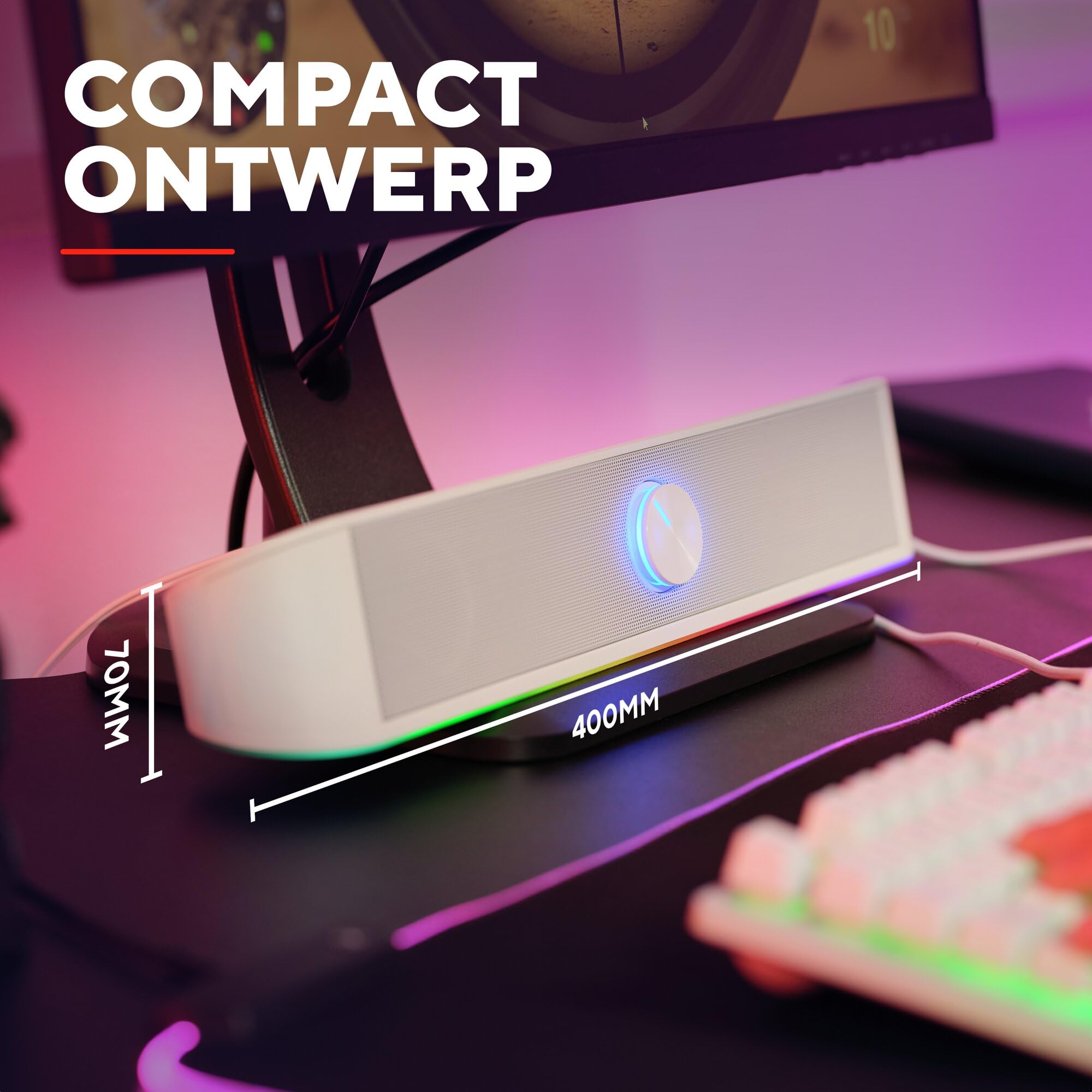 Soundbar Corenia QRE-5083088 cu iluminare RGB, 12 W (6 W RMS), 2 difuzoare, intrare 3,5 mm, alimentare USB, alb, 400 x 70 mm