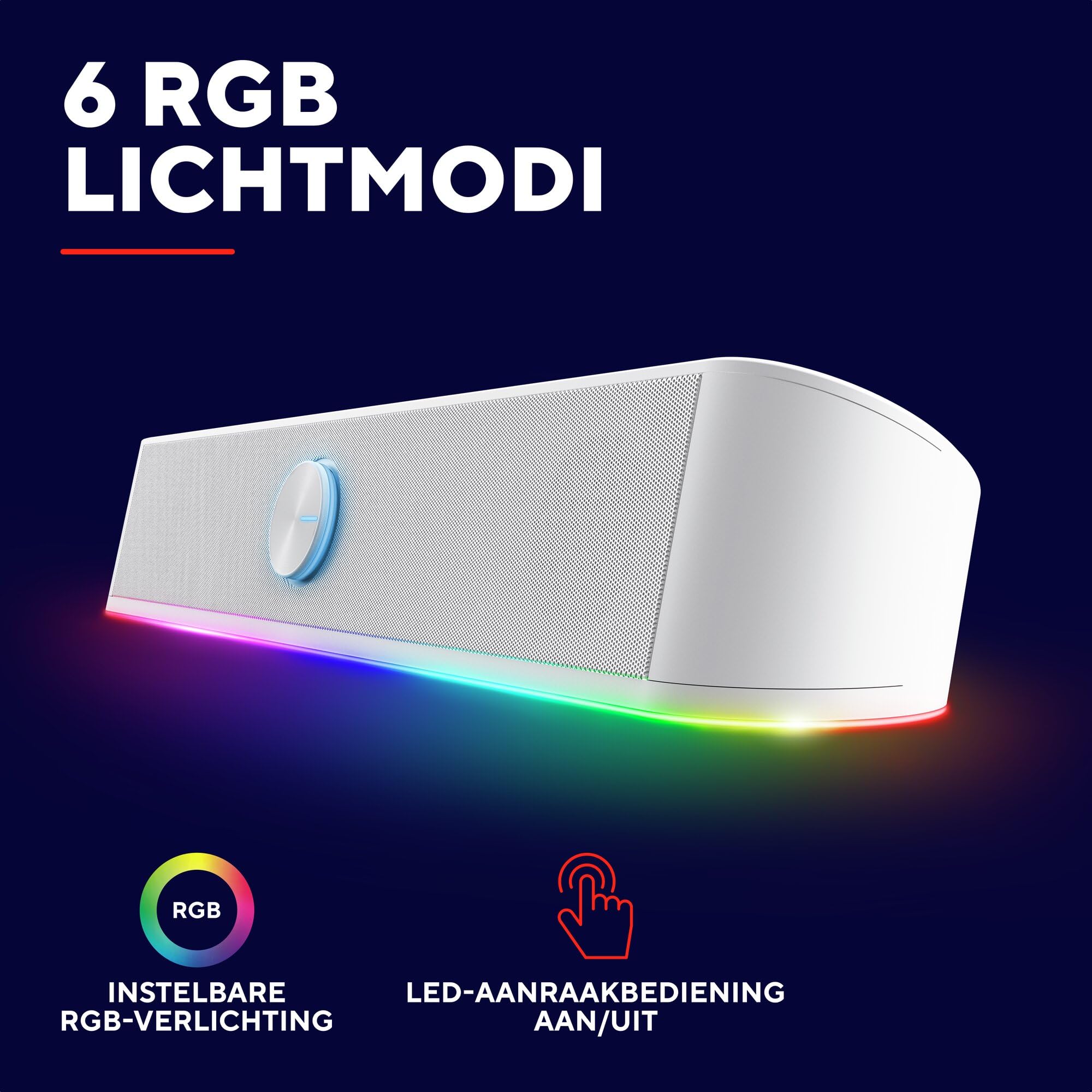 Soundbar Corenia QRE-5083088 cu iluminare RGB, 12 W (6 W RMS), 2 difuzoare, intrare 3,5 mm, alimentare USB, alb, 400 x 70 mm