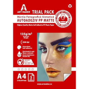 Hartie sintetica autoadeziva PP (Polipropilena) Mat, 170mic, 135g/mp, Waterproof, A4, 5 coli Hartie sintetica autoadeziva PP (Polipropilena) Mat, 170mic, 135g/mp, Waterproof, A4, 5 coli