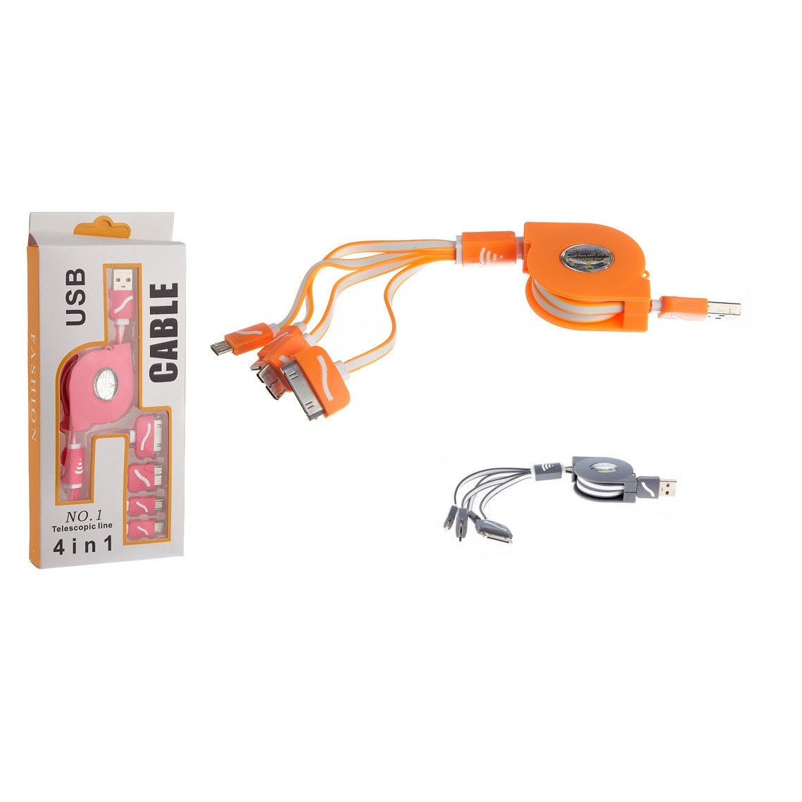 Set 3 x Cablu incarcare retractabil 1 m, 4 in 1 Micro Usb Lightning 30 Pin iPhone 3G 4S 5S 6S Samsung HTC LG Nokia, Multicolor