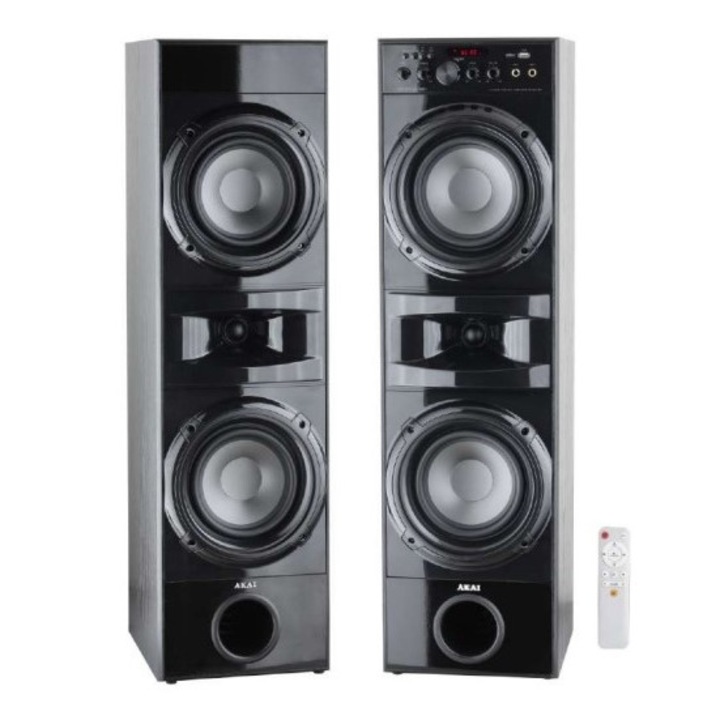 Комплект аудио тонколони за домашно кино Akai 2.0, мощност 180 w, Bluetooth свързаност, безжично дистанционно управление, FM радио, USB порт, SD карта, честота на реакция 20 Hz и 20 kHz, чувствителност 88 dB, импеданс 4 ома, Черен