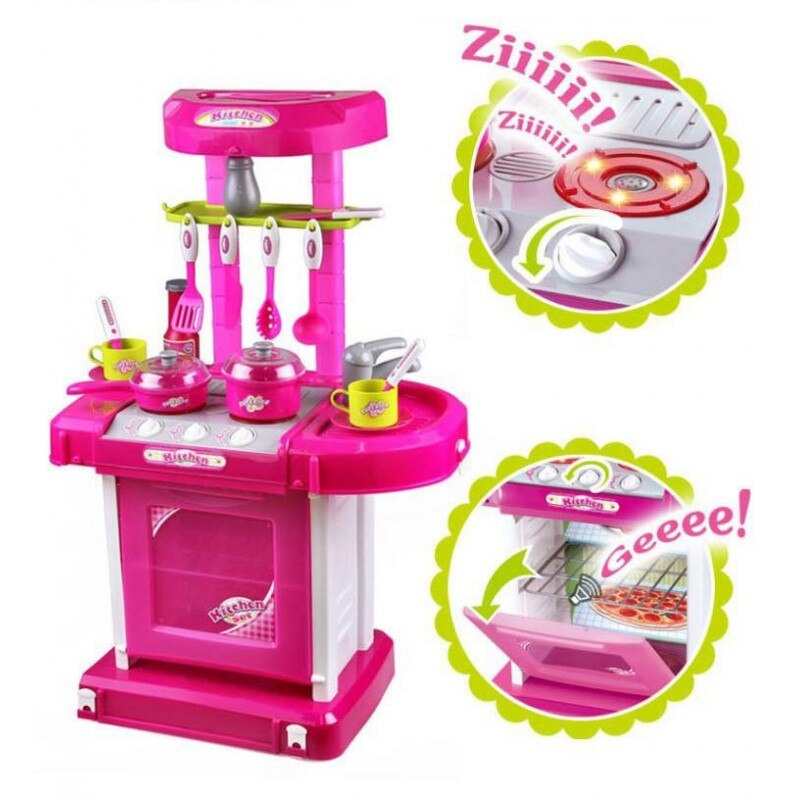 Bucatarie pentru copii Soda Toys cu aragaz, accesorii, lumini si sunete, roz