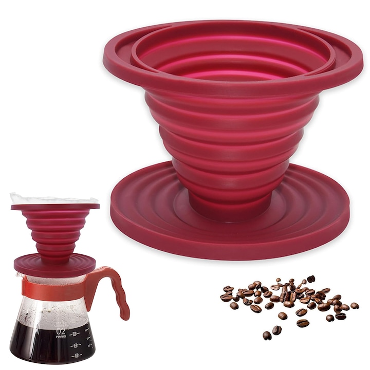 Filtru de cafea pliabil Corenia QRE-5125903, din silicon alimentar reutilizabil pentru pour-over, rosu, O 11,5 x H 7,8 cm (deschis) / H 1,6 cm (pliat)